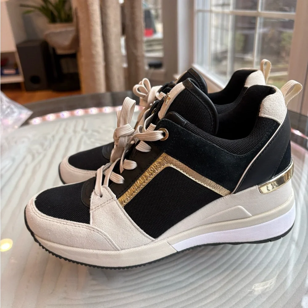 Michael Kors Georgie Trainers Black, Cream & Gold Wedge Sneakers - Picture 3 of 7